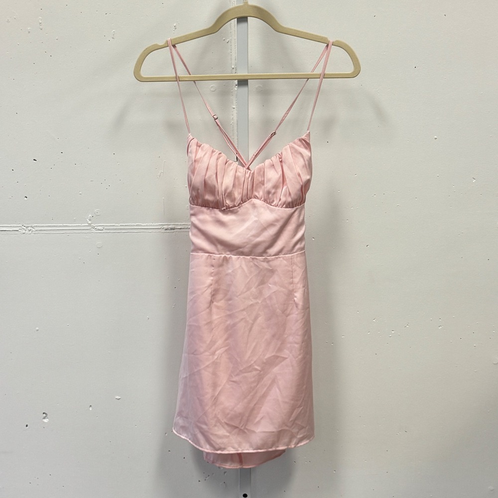 Beginning Boutique Pink Satin Mini Dress Ruched Bust Cross Back USA 6 AUS 10